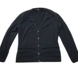 Lafayette 148 Cardigan Top Shirt S Black Button Up V-Neck LS Ruched Front Cotton